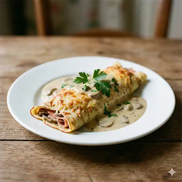 A freshly baked Ficelle Picarde savory crepe with golden melted cheese and cream sauce.