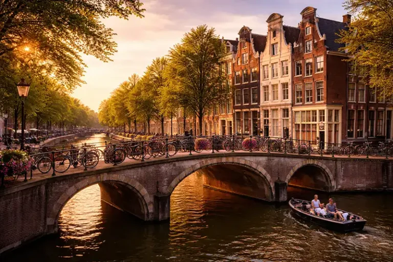 Amsterdam 12 Scenic view of Amsterdam canal houses and bicycles at sunset.