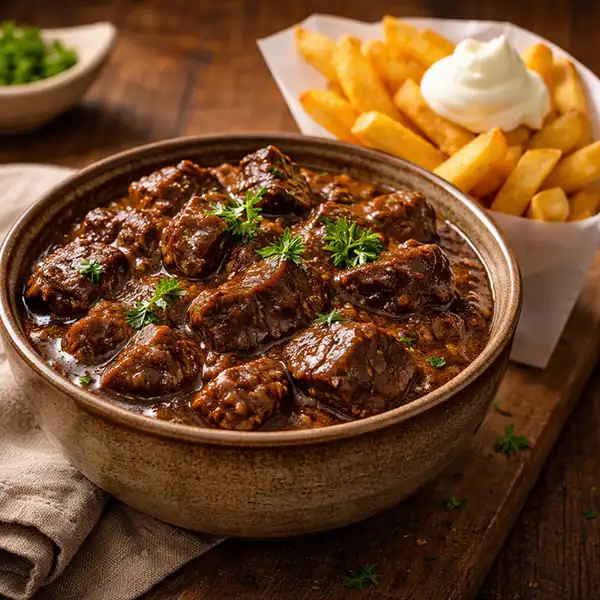 A traditional plate of Flemish beef stew (Stoofvlees) with Belgian fries.