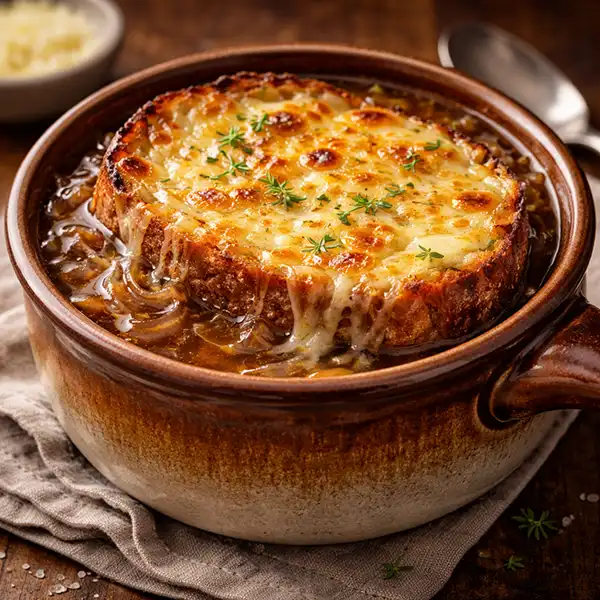 A traditional bowl of gratinéed French Onion Soup with melted Gruyère cheese and a golden crust.