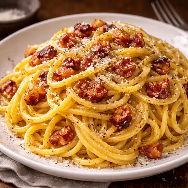 A plate of authentic Italian Spaghetti alla Carbonara with guanciale and pecorino cheese.