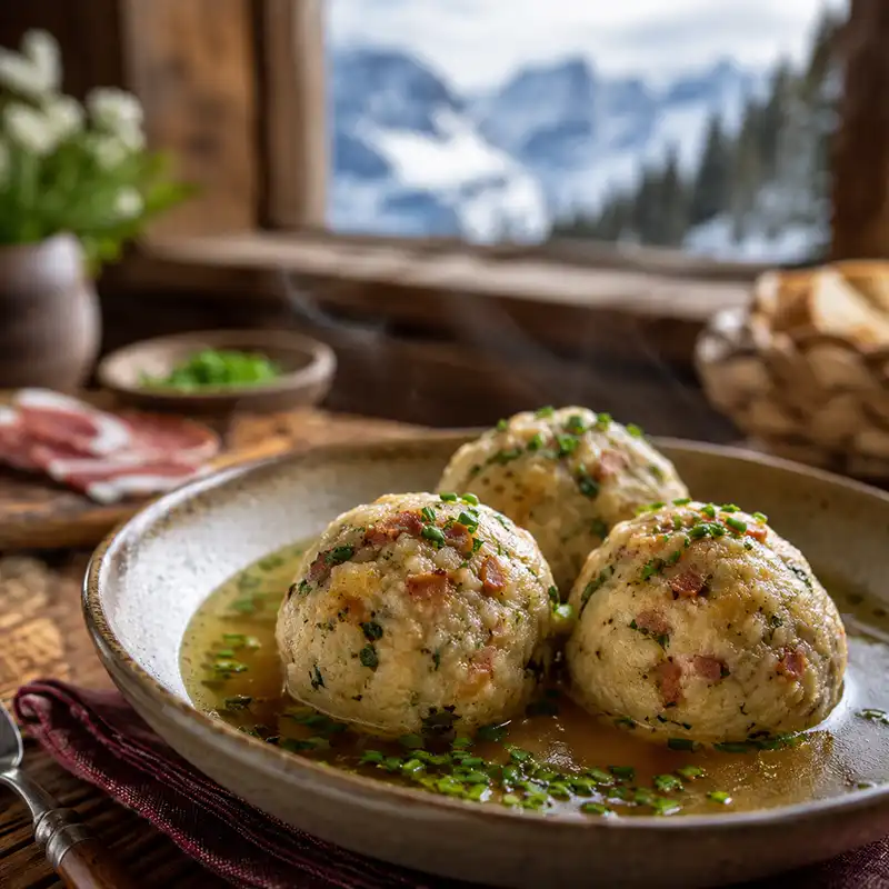 A bowl of traditional Canederli dumplings in broth