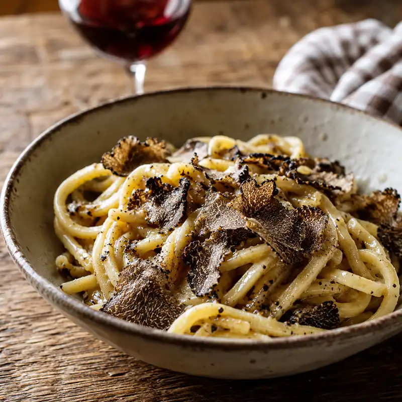A bowl of Strangozzi al Tartufo pasta with shaved black truffles