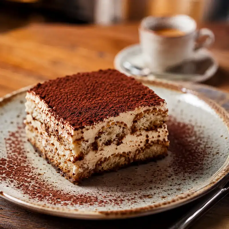 A slice of traditional Italian Tiramisu dessert