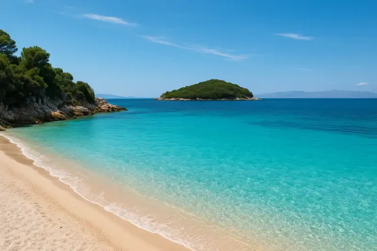 Albanian Riviera 1 A stunning white sand beach is lapped by incredibly clear, vibrant turquoise water, with small, green islands visible just offshore in Ksamil, Albania, Albanian Riviera, Albania.