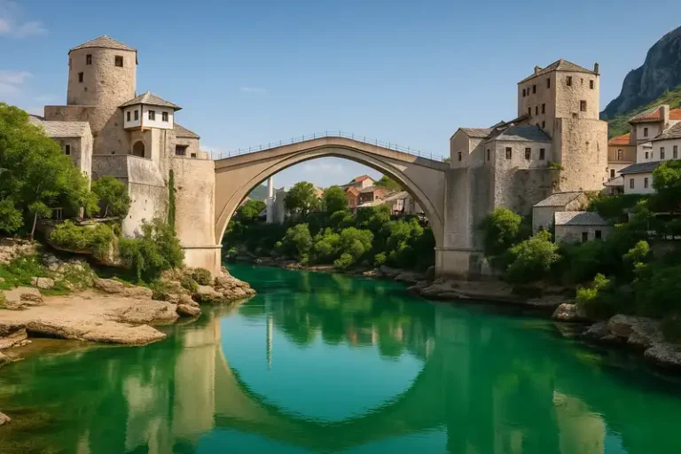 Mostar 1 The elegant, single white-stone arch of the Stari Most (Old Bridge) spans the vibrant, turquoise-green Neretva River in the historic city of Mostar, Mostar, Bosnia and Herzegovina.
