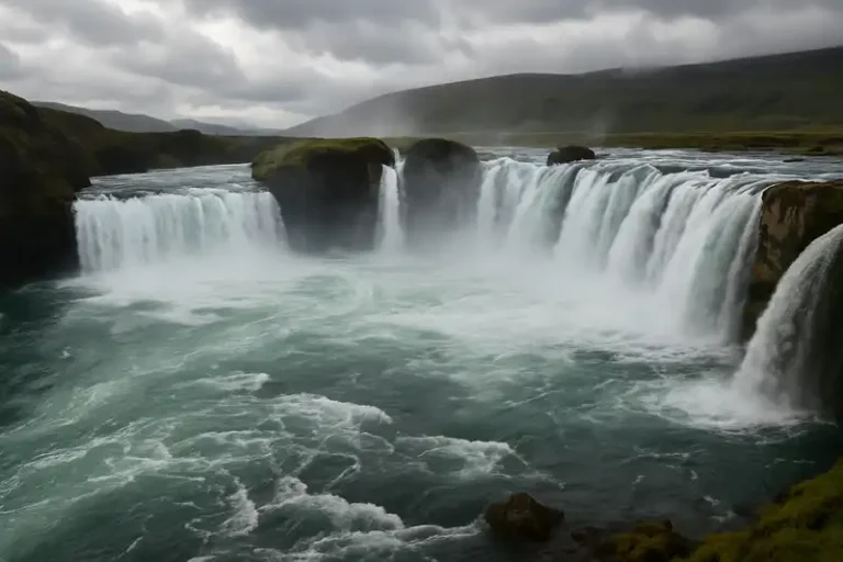 North Iceland 6 The magnificent, semi-circular Goðafoss waterfall in Iceland cascades over a wide rock ledge into a turbulent, misty canyon below, North Iceland.