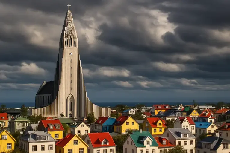 Reykjavik 10 A wide-format, hyper-realistic photo of the iconic Hallgrímskirkja church in Reykjavik, with the colorful houses of the city stretching out before it under a dramatic Icelandic sky.
