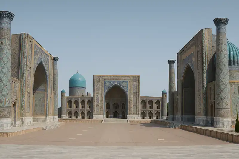 The three magnificent madrasas of the Registan in Samarkand, adorned with intricate blue and gold tilework and grand arches, form an awe-inspiring public square, Samarkand, Uzbekistan.