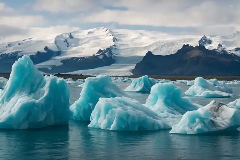 South Coast of Iceland 4 Huge, sculpted icebergs of varying shapes and shades of blue and white float serenely in the calm water of the Jökulsárlón glacier lagoon in Iceland, South Coast, Iceland.