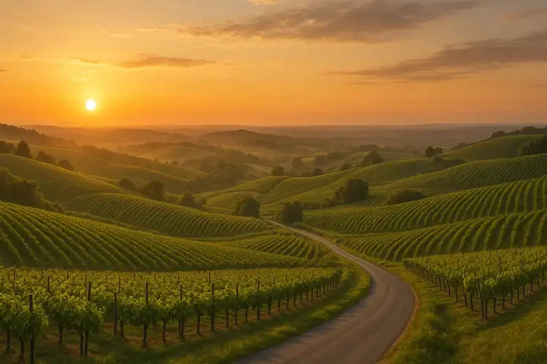 Surrey 1 Golden sunset over Surrey’s rolling vineyard-covered hills and winding road inviting travelers.Visually Impaired Description: A wide panoramic scene showing gently rolling hills covered with neat rows of grapevines in warm golden sunset light, a narrow country road meandering through the vineyards toward the distant horizon, under a pastel-colored sky with soft clouds.
