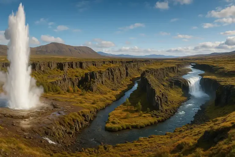 The Golden Circle 3 A composite, hyper-realistic image showing the erupting Strokkur geyser in the foreground, the massive Gullfoss waterfall in the mid-ground, and the tectonic rift valley of Þingvellir in the background, representing Iceland's Golden Circle.