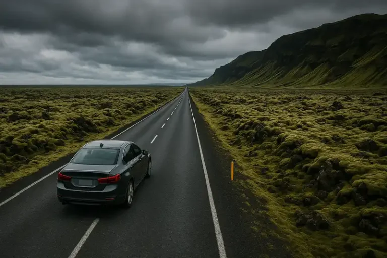 The Ring Road 9 A single car travels down a long, straight, empty asphalt road that cuts through a vast, bumpy landscape covered in a thick blanket of green moss under a cloudy sky, Ring Road, Iceland.