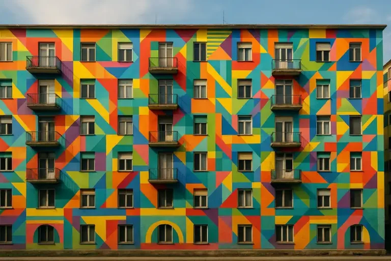 Tirana 1 A formerly drab, grey communist-era apartment block in Tirana has been painted with bright, bold geometric patterns and colours, symbolizing the city's revival, Tirana, Albania.