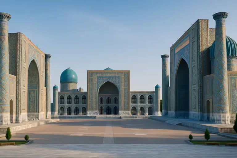 Uzbekistan 15 The three magnificent madrasas of the Registan in Samarkand, adorned with intricate blue and gold tilework and grand arches, form an awe-inspiring public square, Uzbekistan.