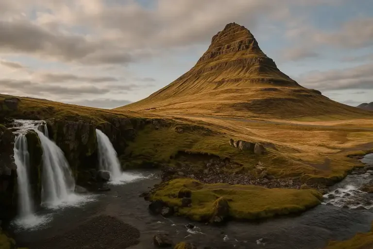 West Iceland 8 The distinctly conical, green Kirkjufell mountain stands in the background, perfectly framed by the cascading Kirkjufellsfoss waterfall in the foreground, West Iceland.