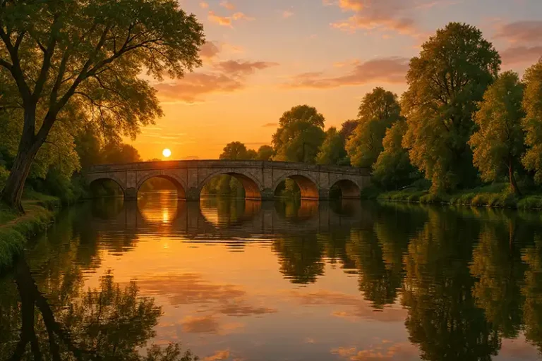 Weybridge 1 view of the River Wey at sunset in Weybridge, showcasing the historic stone Weybridge bridge and lush riverside trees.