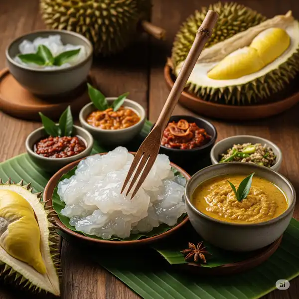 Brunei's national dish, Ambuyat, with a dipping sauce.