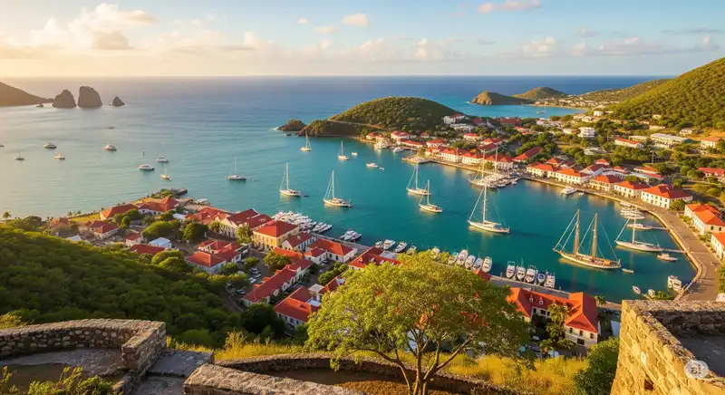 The view of Nelson's Dockyard from Shirley Heights, Antigua.