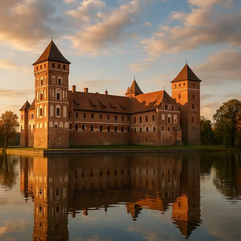 Belarus 7 Mir Castle in Belarus reflected in a lake.