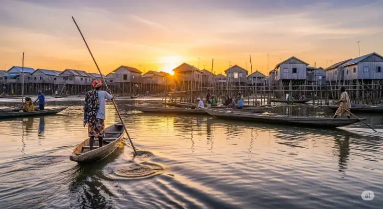 Benin 32 A boat navigates the stilt village of Ganvié, Benin.