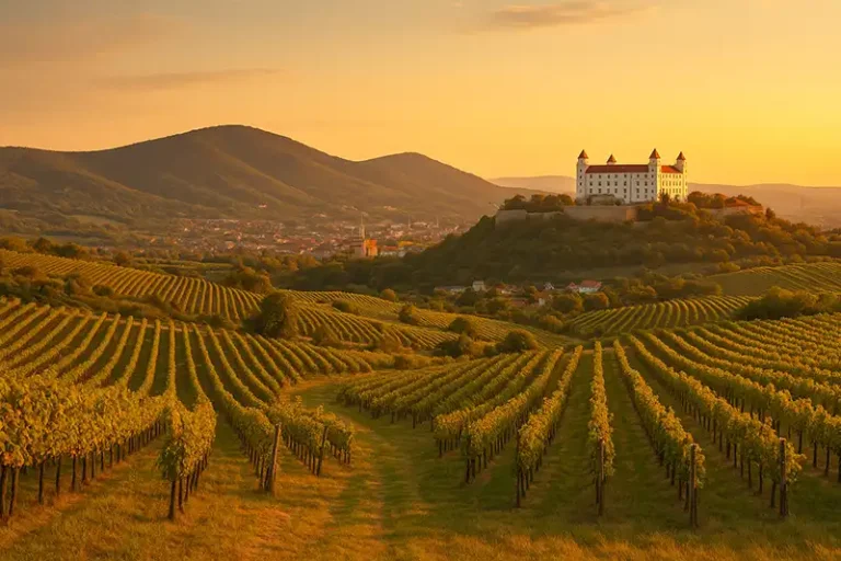 Bratislava Region 3 Bratislava Region showcasing the Little Carpathians in the golden light of sunset, with rolling vineyards in the foreground and Bratislava Castle visible in the distance—no text. For visually impaired: "A detailed daytime landscape showing vineyards in rolling hills leading up to Bratislava Castle perched atop a hill with mountain backdrop.