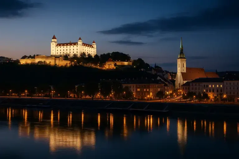 Bratislava 1 Twilight view of Bratislava Castle and St. Martin’s Cathedral illuminated above the Danube River, with reflections of city lights shimmering on the water.