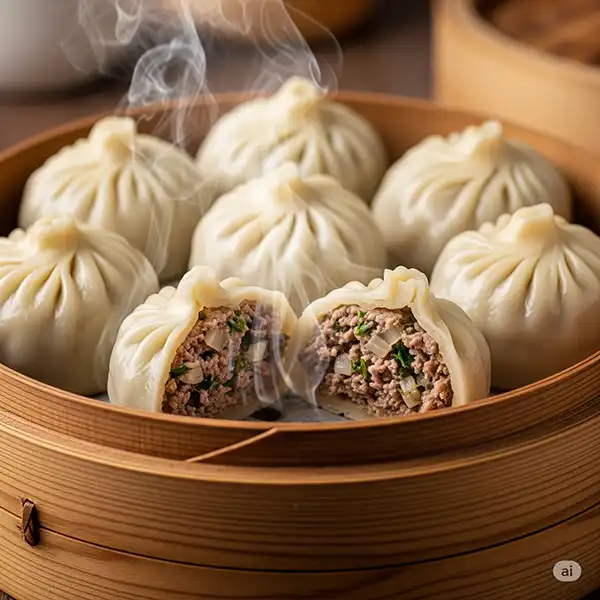 A steamer basket filled with Mongolian Buuz (meat dumplings).