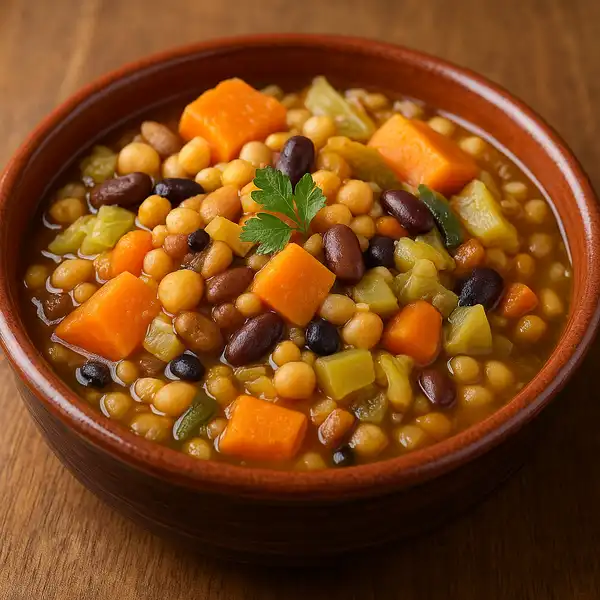 A hearty bowl of vegetarian Cachupa from Cape Verde.