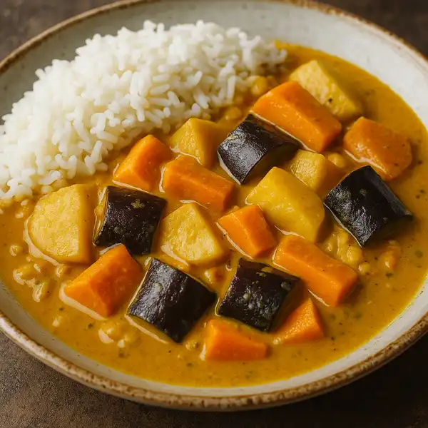 A bowl of Seychellois vegetarian coconut curry.