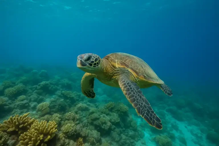 Comoros 14 A green sea turtle swimming over a coral reef in Comoros.