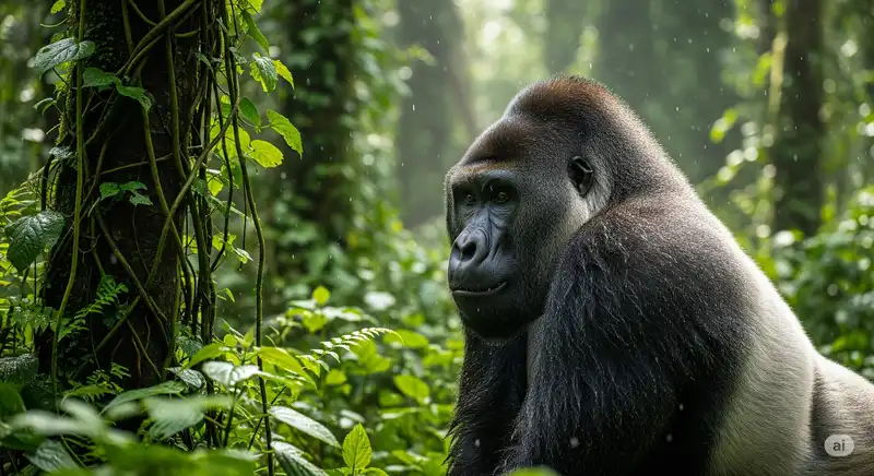 A silverback gorilla in the rainforest of the Republic of the Congo.