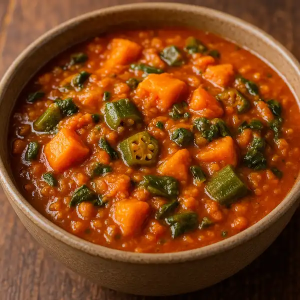 A bowl of Chadian Daraba, a vegetable and okra stew.