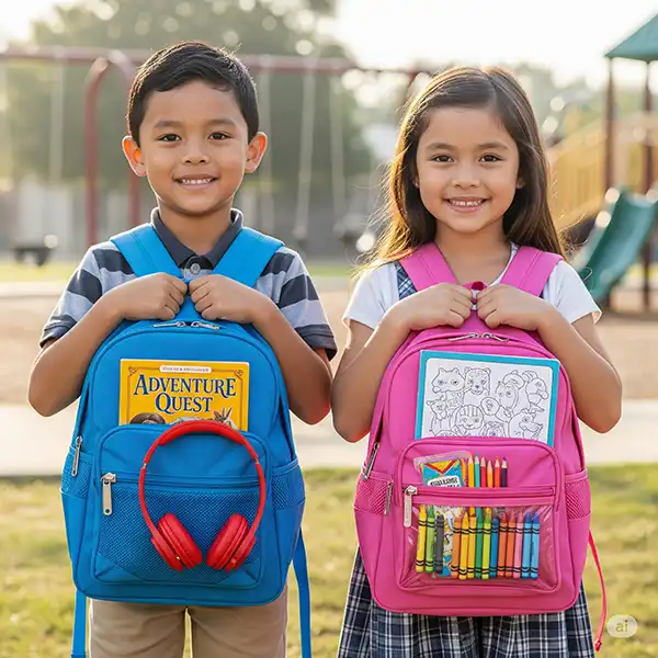 10 Essential Packing Hacks for Stress-Free Family Travel 7 Two children, a boy and a girl, holding small backpacks. A book and headphones peek out of one, and a coloring kit from the other.