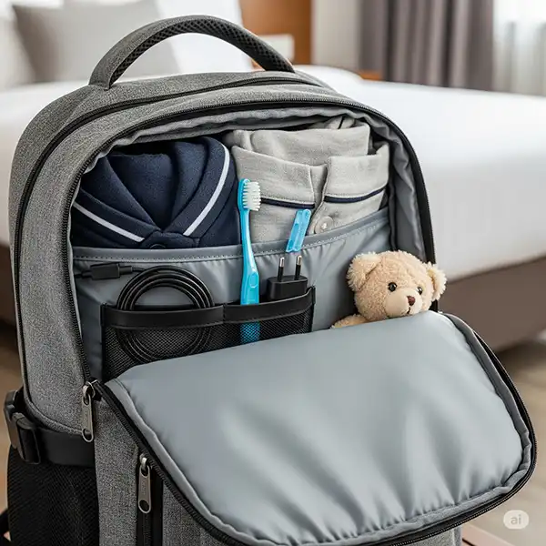 10 Essential Packing Hacks for Stress-Free Family Travel 4 An open grey travel backpack filled with a pair of pajamas, a toothbrush, a charger, and a small teddy bear.