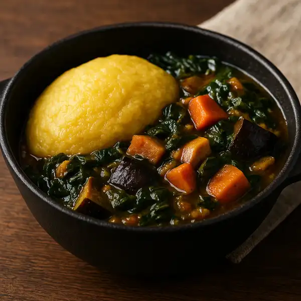 A plate of Antiguan Fungee and vegetarian Pepperpot.