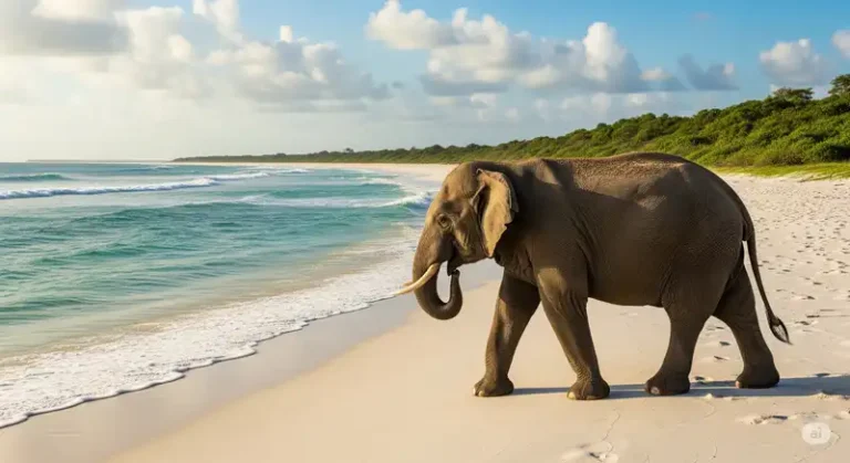 Gabon 28 A forest elephant on the beach in Loango National Park, Gabon.