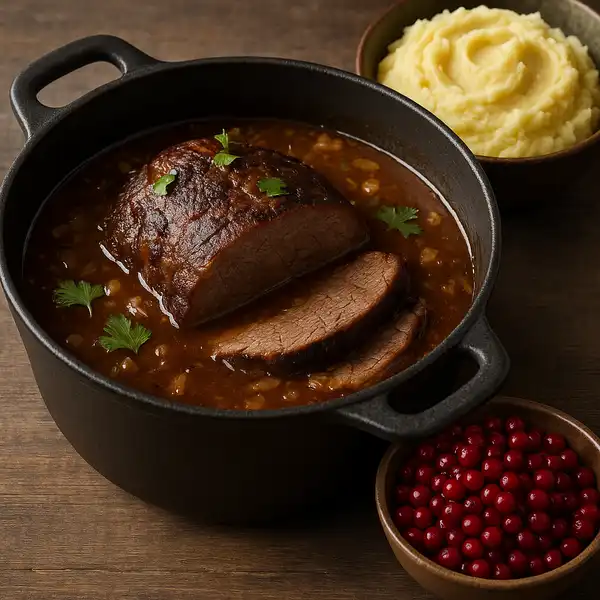 A cast-iron pot holds tender chunks of beef in a dark gravy, accompanied by creamy mashed potatoes on a wooden platter