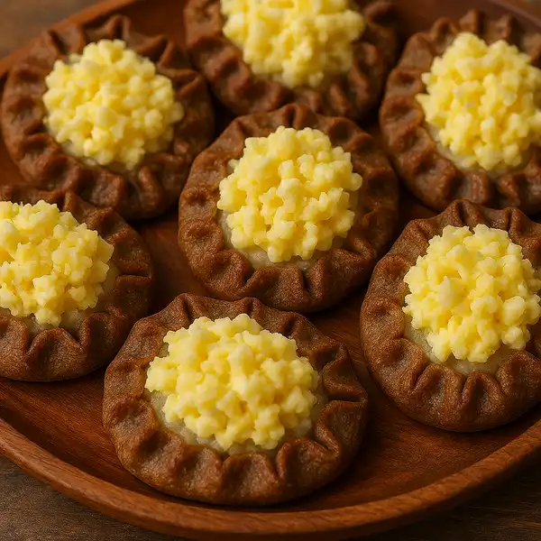 A tray holds several oval rye pasties filled with creamy rice porridge