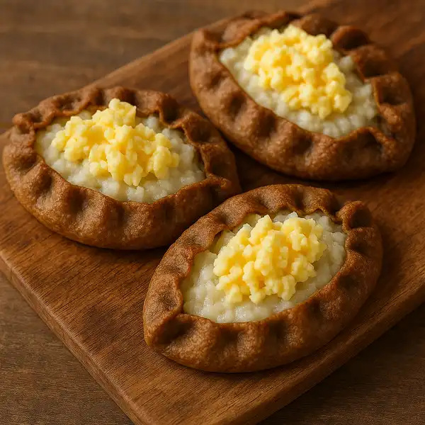 Karelian pies with egg butter on wooden board