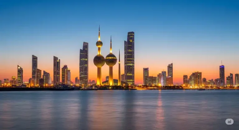 Kuwait 4 The illuminated Kuwait Towers at twilight.
