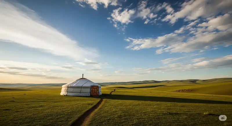 A single ger (yurt) on the Mongolian steppe.