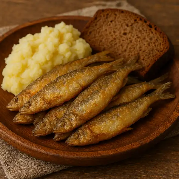 The image shows a rustic wooden plate piled with small, golden-brown fried vendace fish alongside creamy mashed potatoes and slices of dark rye bread