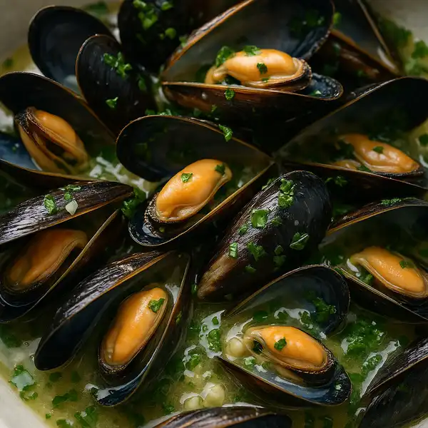 Mussels with white wine and herbs traditional dish