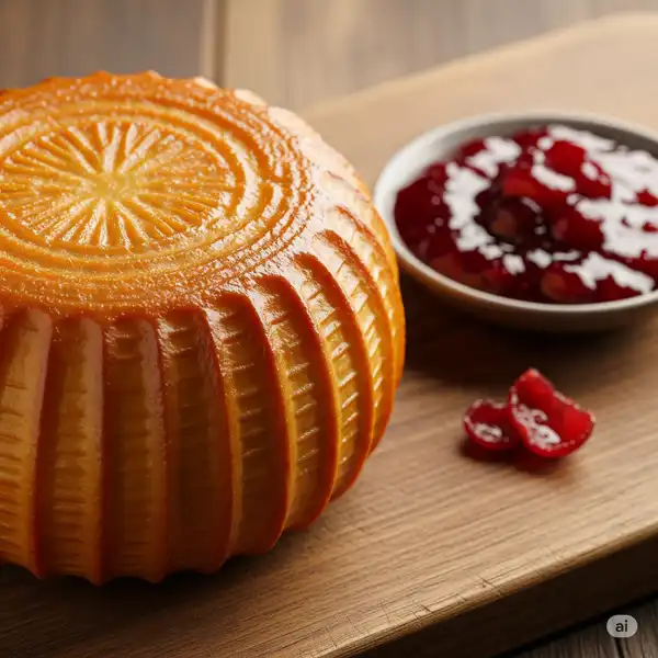 Smoked oscypek cheese and cranberry sauce on a wooden board