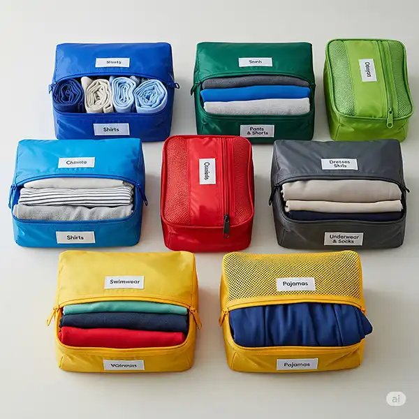 10 Essential Packing Hacks for Stress-Free Family Travel 2 A top-down shot of various colored packing cubes, each half-open to show neatly folded or rolled clothes inside. They are labeled "Shirts," "Pajamas," etc.