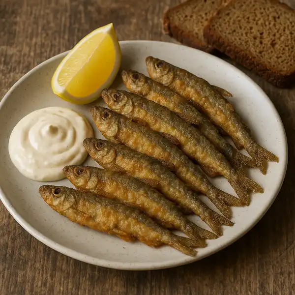 A plate shows crispy fried vendace fish accompanied by a creamy garlic sauce and slices of dark rye bread