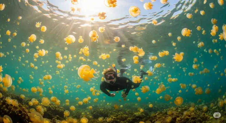 Palau 7 A snorkeler in Jellyfish Lake, Palau.