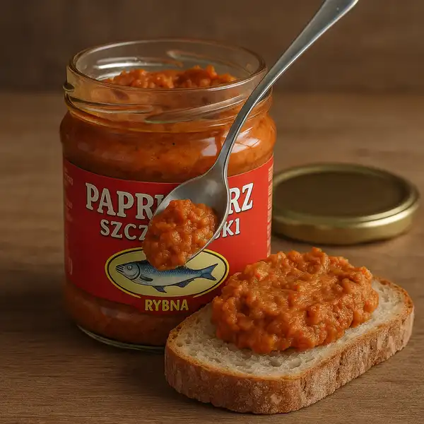 Jar and bread slice with paprykarz szczeciński fish spread
