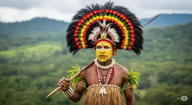 Papua New Guinea 9 A Huli Wigman in traditional attire with a large wig.